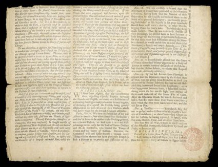 RM1, 12p Massachusetts red handstamp, with beak point to N of PENNY, clear strike at bottom right of February 16, 1756 Boston Gazette or Country Journal, newspaper with some
splitting not affecting the handstamp, some minor toning, fine and