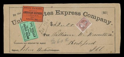 Express labels on documents, six items, including American Express Co. (Erie & Pittsburgh route) on back of cover, American Express Co. (Lafayette, Ind.) and United States
Express Co. (Attica, Ind.) used along with 1c Express revenue stamp on U.S