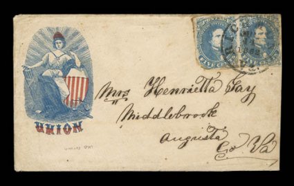 4, 5c blue horizontal pair tied by clear Richmond, Va.Jul 14, 1862 c.d.s. to red, white and blue allegorical figure and shield captured Union patriotic cover to Middlebrook,
Va., stamps with minor gum soaking, otherwise quite clean and fr