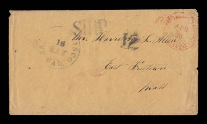 Honolulu * Hawaiian-IslandsApr 20 red c.d.s. (M-H 236.11) on 1855 buff cover from Honolulu to East Freetown, Mass., black San Francisco, Cal.16 May c.d.s. with matching SHIP
and 12 rate handstamps, some typical edge wear and small edge f