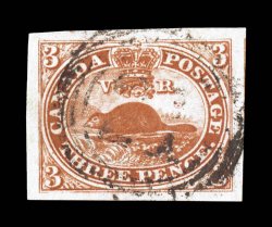4, 1852 3p Red on medium wove paper, gem used single possessing immense balanced margins on all four sides showing a portion of the frame line of the next stamp at right,
beautiful rich color on bright white paper, plus attractively cancelled wi