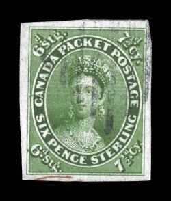 9, 1857 7 12p Green on medium wove paper, impressive and especially attractive used single, with remarkable immense margins all around, radiant bright color and a strong
detailed impression, light neat diamond grid cancel of Toronto with the ri