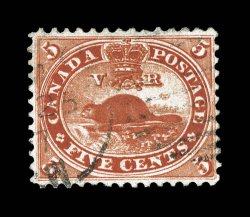 Unitrade 15v, 1859 5c Vermilion, major re-entry, position 28, showing a clear doubling of design, particularly at the left side, gorgeous rich color and a crisp impression,
well centered, lightly cancelled, very fine (Unitrade C$1,000.00).