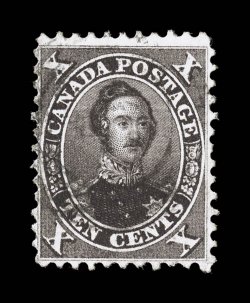 Unitrade 16i, 1859 10c Chocolate brown, perforated 11 34, first printing, deeply rich color and a well incised impression, light black target cancel, a fine example of this
very scarce stamp 2001 Greene Foundation certificate (Unitrade C$3,750