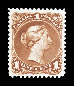 22, 1868 1c Brown red, a remarkably fresh mint example of this scarce stamp, beautifully centered single within uncharacteristically large margins, especially strong and rich
color and prooflike impression on bright paper, crisp full perforation