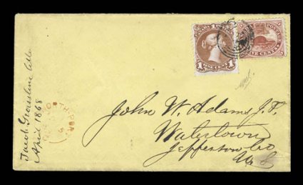 22, 1868 1c Brown red, used in combination with 1859 5c Vermilion (15) on an 1868 cover to Watertown, N.Y., both stamps tied by target cancel, Belleville April 7 blue pmk. on
reverse, red North Port Apr. 15 c.d.s. and Kingston Apr. 18 backs