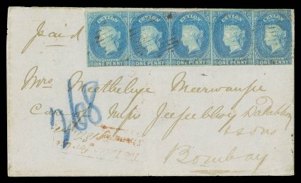 1858 (18 Aug.) entire from Kandy to Bombay, bearing 1d. deep turquoise-blue strip of five (cut-into in places), each lightly cancelled by oval of bars, showing framed Too Late
for thesteamer of in red with manuscript date inserte