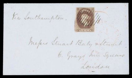 1860 (8 Jan.) envelope from Colombo to London, marked Via Southampton, bearing 6d. purple-brown with large margins showing portion of adjoining stamp at left, crisply tied by
oval of bars and showing, on reverse, colombopost-paid and