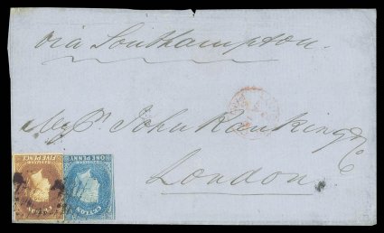 1860 (Dec.) entire from Galle to London, marked via Southampton, bearing 1d. deep turquoise-blue with close to good margins showing portion of adjoining stamp at left, and 5d.
chestnut with good to large margins, both affixed inverted at lo