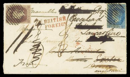 1859 (11 Mar.) envelope from Kotmale to Paris, marked via Marseilles, redirected to Exeter and again to St. Helens, bearing 1d. deep turquoise-blue (cut-into at foot) and 6d.
purple-brown (touched at upper left), both clearly tied by oval o