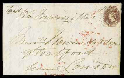 1859 (24 May) entire letter from Kandy to London, marked Via Marseilles, bearing 9d. purple-brown with close to mainly large margins, neatly tied by oval of bars and showing,
on reverse across join, kandypost-paid in red, kandyst