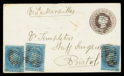 1859 (25 May) 6d. postal stationery envelope from Colombo to Bristol, marked Via Marseilles, uprated with 1d. deep turquoise-blue (3, all cut-into), each clearly cancelled by
oval of bars and showing, on reverse, colombopost-paid in
