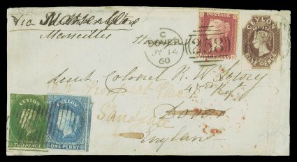 1860 double rate front to Dover, re-addressed to Sandgate, marked Via Marseilles, bearing 1d. deep turquoise-blue showing large portion of adjoining stamp at right, 2d.
yellow-green with portion of adjoining stamp at foot and 9d. purple-bro