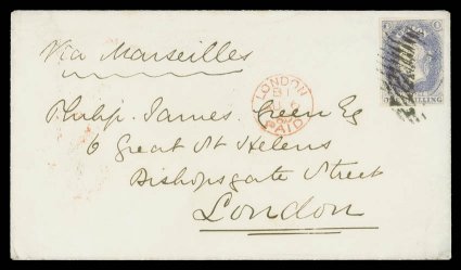 1860 (24 July) double rate envelope from Colombo to London, marked Vi Marseilles, bearing 1- slate-violet of good color and with mainly large margins, clearly tied and showing
red arrival c.d.s. (6.8) with, on reverse, colombopost-paid