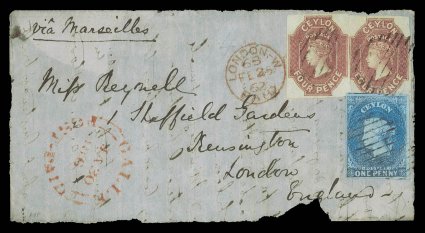 1862 (30 Jan.) front from Galle to London, marked via Marseilles, bearing 4d. dull rose, two superb large-margined examples, with 1d. blue on blued paper and neatly tied by
light oval of bars, showing gallepost-paid and London Paid a