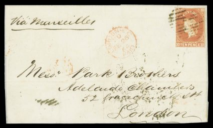 1864 front and part back to London, marked Via Marseilles, bearing 10d. dull vermilion with clear to large margins on three sides, touched at top, clearly cancelled by oval of
bars and showing red arrival c.d.s. (26.2), fine. Sc. 10 S.G. 9