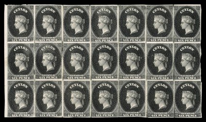 6d. in black, a rejoined block of twenty-one with margin at left comprising blocks of six [157-158169-170181-82] and fifteen [159-163171-175183-187], margins virtually all round
([175] cut-into) the bottom row with pressed horizontal creases
