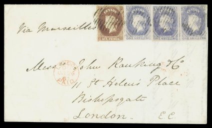 1860 (29 Feb.) double rate entire from Colombo to London, marked Via Marseilles, bearing superb 6d. purple-brown with large margins and 1- slate-violet of good color (3, one
very fine, others slightly cut-into), each cancelled by oval of b