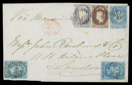 1860 (16 July) entire from Galle to London, marked Via Marseilles, bearing 1d. deep turquoise-blue (3, one with four margins), 6d. purple-brown (margins mostly all round) and
1- slate-violet (margins all round), all cancelled by oval of ba