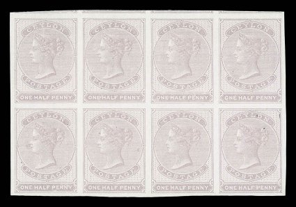 Dull mauve block of eight (4x2), unused with large part original gum, good to large margins showing portions of adjoining stamps at top some minor gum creases and some black
marks on reverse, otherwise fine and of lovely appearance. Sc. 14 S.G.