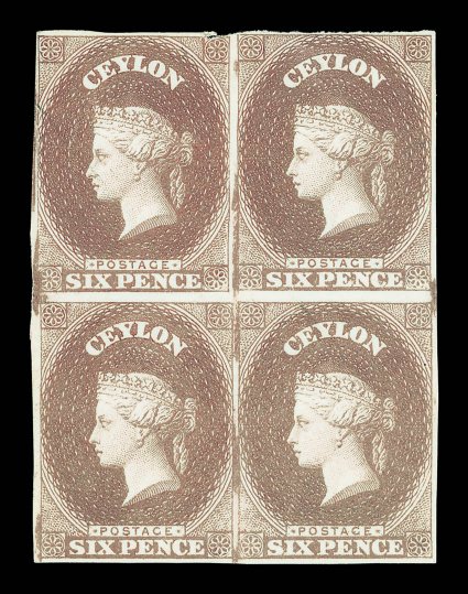 State 1: 6d. purple-brown block of four [135-136147-148] on unwatermarked paper, margins virtually all round, fine.