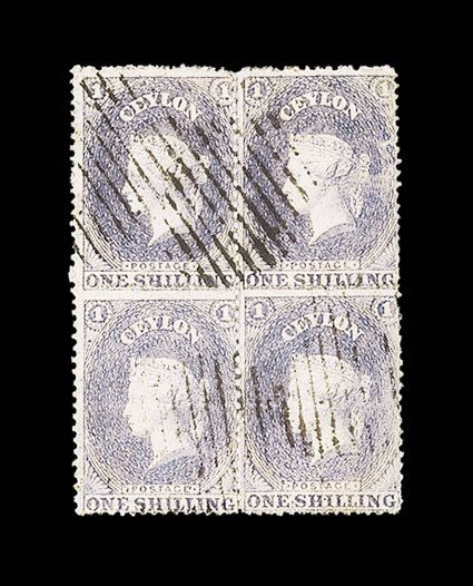 1- slate-violet intermediate perf. block of four, good color, some paper adhering to reverse, fine used. A rare multiple. Sc. 23 S.G. 26, £900+. provenance: M. Burrus, April
1963