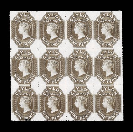 9d. deep brown, a superb block of twelve (4x3) with large part original gum, a few split perfs, very fine. A lovely exhibition piece. Sc. 32 S.G. 33, £1140+.  provenance: M.
Burrus, April 1963 P.C. Pearson, April 1983