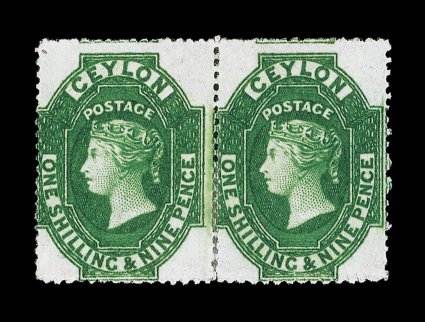 19d. light green, prepared for use but not issued, a horizontal pair of very good color, large part original gum, a few split perforations otherwise fine. A scarce multiple.
B.P.A. Certificate (1995). Sc. 35 S.G. 36, £1400. provenance: Soth