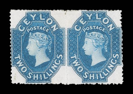 2- dull blue horizontal pair, unused with part original gum, good color and well-centered, a touch of soiling at lower left, otherwise a fresh and fine multiple. Sc. 36 S.G.
37, £1200. provenance: Admiral Harris, February 1951 P.C. Pearson,
