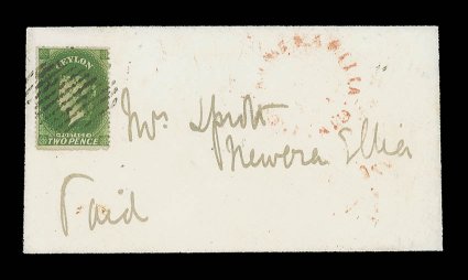 1861 (Feb.) double rate mourning envelope from Kandy to Newera Ellia, bearing intermediate perf. 2d. green, clearly tied by oval of bars, showing poor despatch and arrival
datestamps in red. Very rare and believed to be the only known 2d. single
