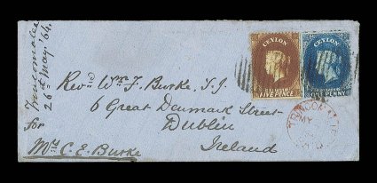 1864 (26 May) envelope from Trincomalee to Dublin, bearing intermediate perf. 5d. chestnut and 1863 CC perf. 12½ 1d. blue, both clearly tied by oval of bars, showing
trincomaliepaid c.d.s. in red below and, on reverse, clear h&k pact