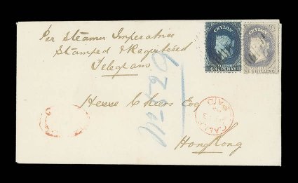 1865 (13 May) envelope from Galle to Hong Kong, marked Stamped & Registered Telegram, bearing rough perf. 1- slate-violet and 1863 CC perf. 12½ 1d. deep blue, both lightly
cancelled by oval of bars, showing recognizable strike of oval g