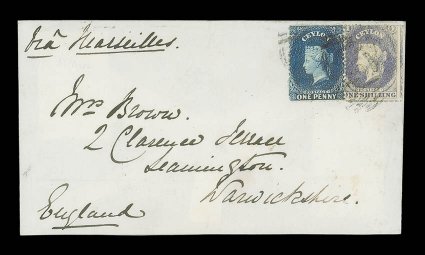 1868 (15 Nov.) envelope from Nuwaraeliya to Leamington, marked Via Marseilles, bearing rough perf. 1- slate-violet and 1863 CC perf. 12½ 1d. deep blue, both tied by light 45
obliterator and showing, on reverse, light nuwara-eliya d