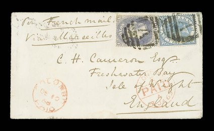 1868 (10 Dec.) envelope from Colombo to the Isle of Wight, marked Via Marseilles, bearing rough perf. 1- slate-violet and 1868 1d. blue, both placed sideways and clearly tied
by A obliterator, showing colombopaid, London Paid (4.1