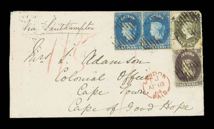 1864 (Mar.) envelope from Kandy to Cape Town, marked Via Southampton, bearing rough perf. 1d. dull blue pair, 9d. olive-sepia and 1863 CC perf. 12½ 6d. sepia, each cancelled by
oval of bars with one 1d. and the 9d. crossed by manuscript ini