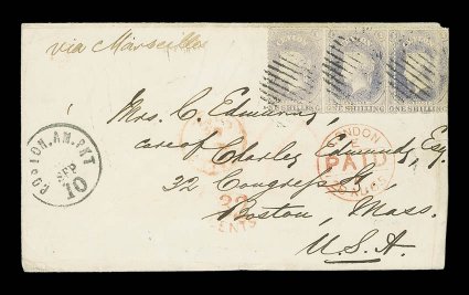 1865 envelope from Galle to Boston, marked via Marseilles, bearing rough perf 1- slate-violet strip of three showing vertical perforations misplaced to right resulting in a
straight-edge at right, clearly tied by oval of bars, showing poor