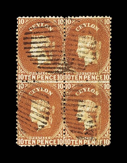 10d. dull vermilion block of four cancelled by oval of bars, the right-hand pair with pressed creases and a little rubbed, nevertheless a rare multiple. Sc. 37 S.G. 38.
provenance: Admiral Harris, February 1951