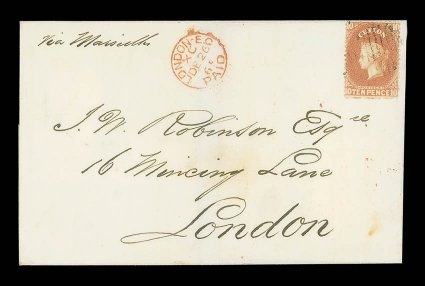 1865 entire from Colombo to London, marked via Marseilles, bearing 10d. dull vermilion cancelled by light oval of bars, showing red arrival c.d.s. (26.12) with, on reverse,
part Colombo Paid despatch d.s. the face panel with some very mino