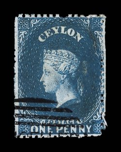 1861-64 watermark Star, intermediate perf. 14 to 15½, 1d. dull blue neatly cancelled by part strike of cancelled obliterator thinned and with paper split in top right corner.
Extremely rare, one of two recorded, the other being in the coll
