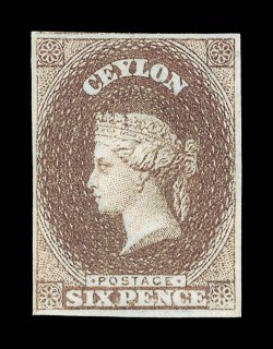 6d. purple-brown with large margins showing portion of adjoining stamp at top, fresh unused without gum and extremely fine. Very rare in this exceptional condition. P.F. (1967)
and R.P.S. (1986) Certificates. Sc. 2 S.G. 1, £8000. provenance: