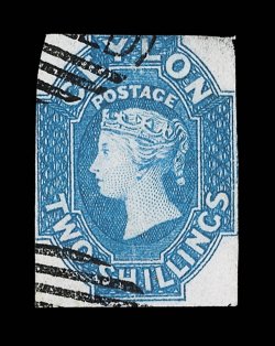 1861-64 watermark Star, intermediate perf. 14 to 15½, 2- dull blue, cancelled by two part strikes of cancelled obliterator perforations cut off and thinned at top. Extremely
rare, one of three recorded examples, one of which is in the col