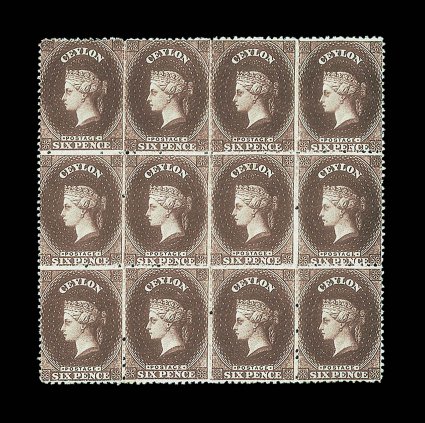 6d. deep brown block of twelve (4x3), fresh and fine unused with large part original gum. A rare multiple and a great exhibition piece. Sc. 41 S.G. 41a, £2040+. provenance: M.
Burrus, April 1963