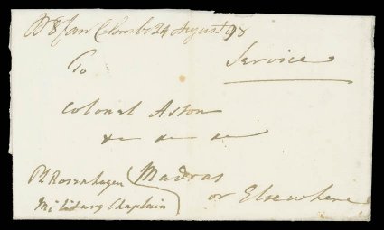 1798 (29 Aug.) entire letter ex the Aston correspondence from Colombo to Madras or Elsewhere, marked P P 8 Fan Colombo 29 August 1798. The contents tell of a deep plot going on
against a colleague, and urges Aston to give