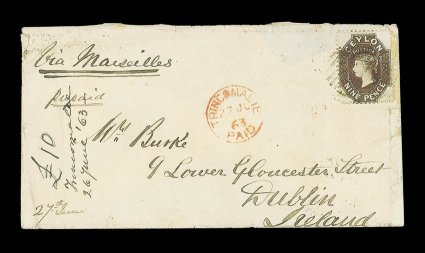 1863 (27 June) envelope from Trincomalee to Dublin, marked Via Marseilles, bearing 9d. brown tied by oval of bars, showing red trincomaliepaid c.d.s. with h&k. pact transit
datestamp (6.8) on reverse the envelope with part fla