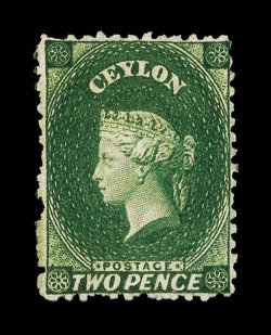 2d. yellowish green, unused with much redistributed gum, good colour. An attractive example. Extremely rare, only four unused examples are recorded, one of which is in the
collection of Her Majesty The Queen, and one is repaired. B.P.A. (1994) an