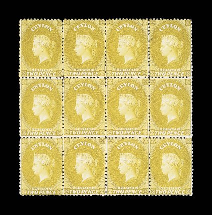 2d. ochre with normal watermark reversed, a block of twelve (4x3) of superb color, unused with part or full original gum, one stamp at left with tiny tone spot, otherwise fresh
and fine. A rare multiple. Sc. 49 S.G. 51, £3300+. provenance: S