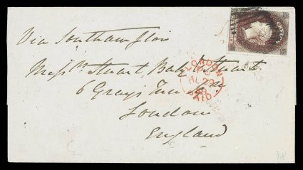 1858 (11 July) entire to London, bearing 6d. purple-brown, a deep shade with close to large margins, cancelled by oval of bars, showing red Paid arrival datestamp (22.8) with,
on reverse, calturapost-not-paid handstamp with manuscript date
