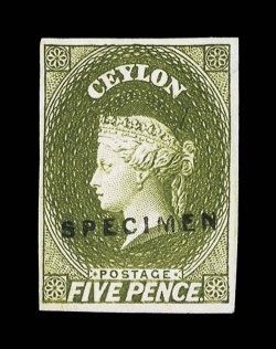 5d. grey-olive with watermark reversed, imperforate and handstamped specimen (Samuel D5), regummed. Rare. B.P.A. Certificate (1975). provenance: Christies Robson Lowe auction,
March 1994