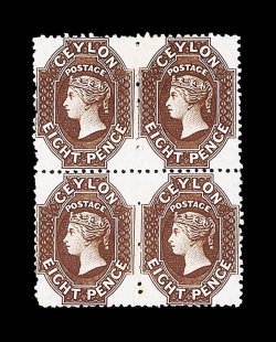 8d. reddish brown block of four, fine unused with large part original gum. Sc. 54 S.G. 56, £480. provenance: G.H. Boucher, June 1953