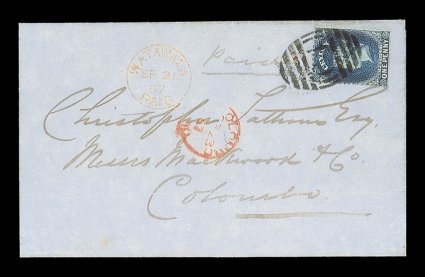 1867 (21 Sept.) entire from Watawala to Colombo, bearing 1d. deep blue placed sideways and tied by clear C4 obliterator, showing watawalapaid and arrival datestamps, both in
red. The only recorded example of this obliterator on cover. Sc